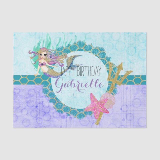 Papier Mousseline Mignonne sirène Monogramme Turquoise et violette A (Recto)