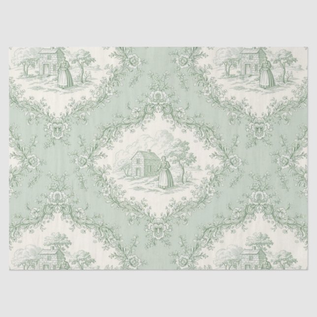 Papier Mousseline Mint Green French Country Floral Toile - Farmhouse (Recto)
