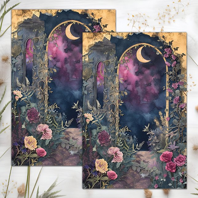 PAPIER MOUSSELINE MINUIT LUNE JARDIN DÉCOUPAGE TISSUE PAPIER (MIDNIGHT MOON GARDEN DECOUPAGE TISSUE PAPER)