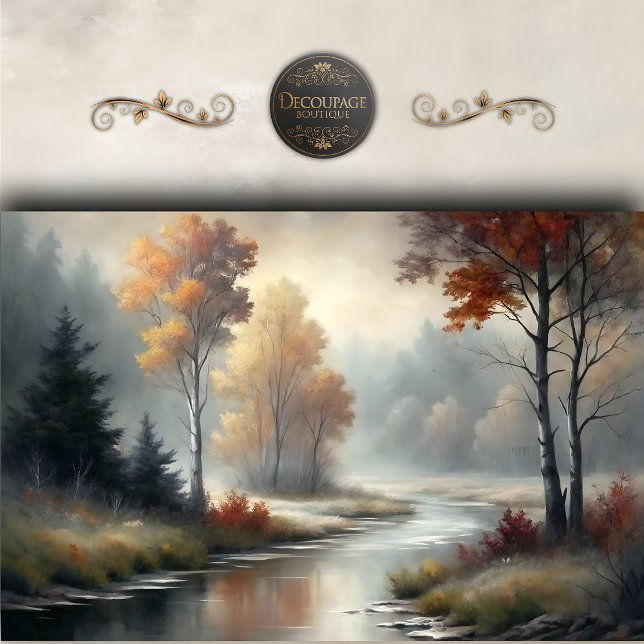 Papier Mousseline Misty Autumn River paysage découpage (Misty Autumn River Scene Landscape Decoupage Tissue Paper)
