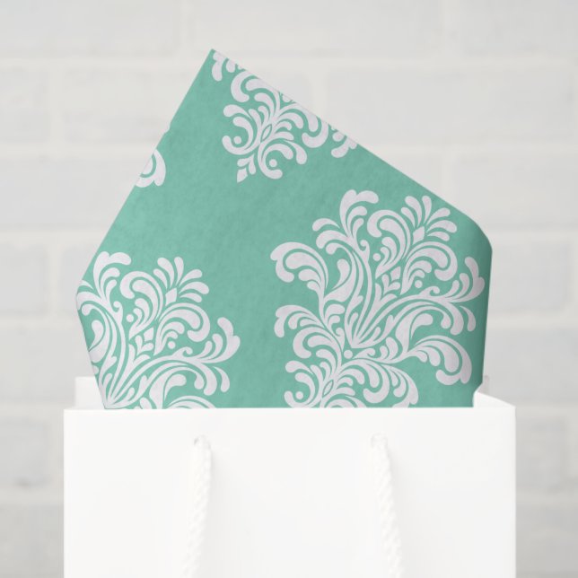 Papier Mousseline Modèle Damas blanc sur Aqua (Sac cadeau)
