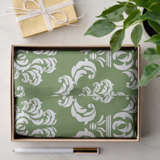 Papier Mousseline Modèle Damask, Damask vert, Damask français (Cadeau)