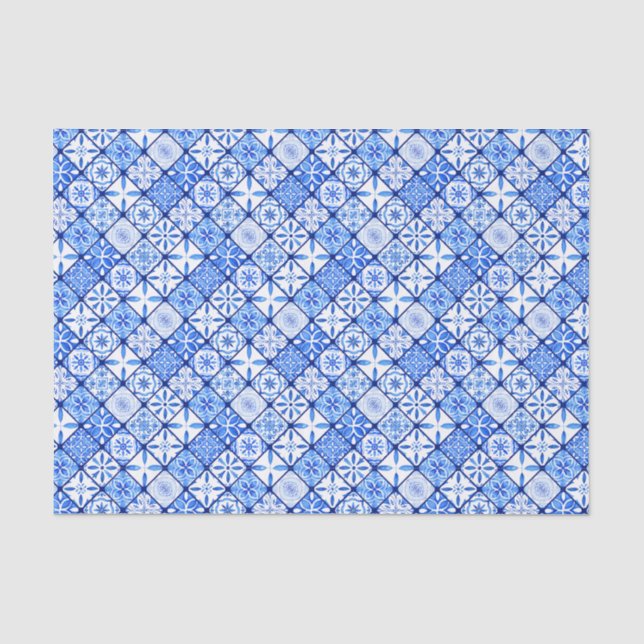 Papier Mousseline Modèle de carreaux italiens méditerranéens bleus e (Recto)