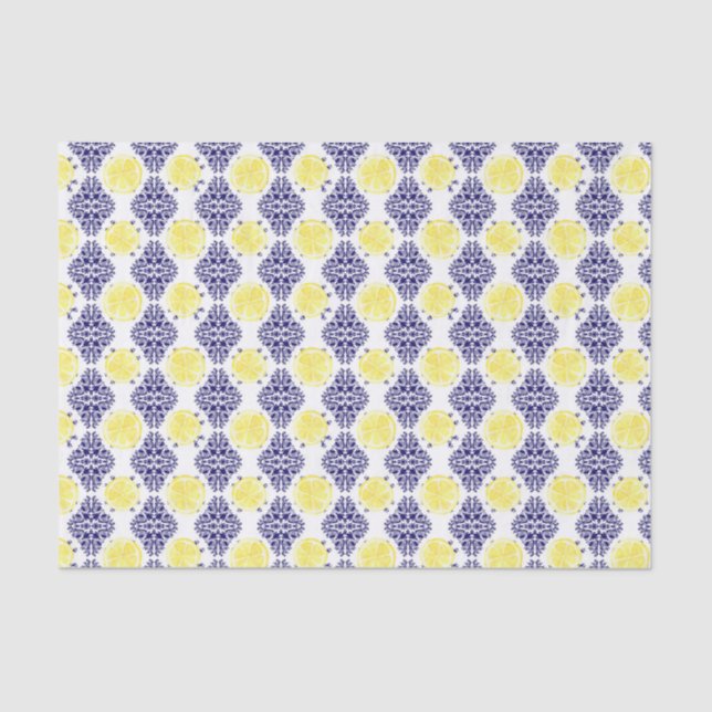 Papier Mousseline Modèle de Damas de lémon blanc et marine (Recto)