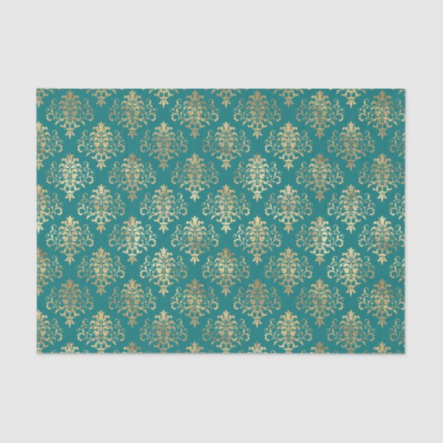 Papier Mousseline Modèle de Damas turquoise et Gold Foil (Recto)