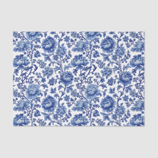 Papier Mousseline Modèle floral bleu oriental avec Arrière - plan bl (Recto)