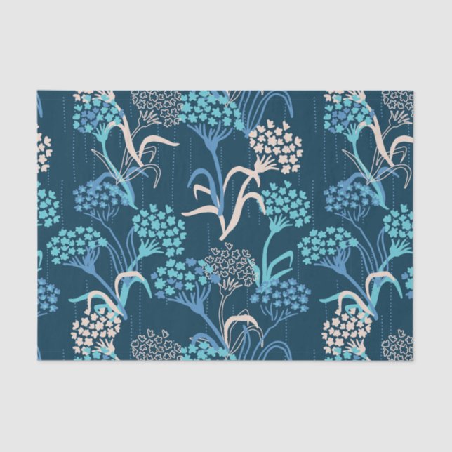 Papier Mousseline Modèle Floral Hydrangea stylisé - Bleu élégant (Recto)