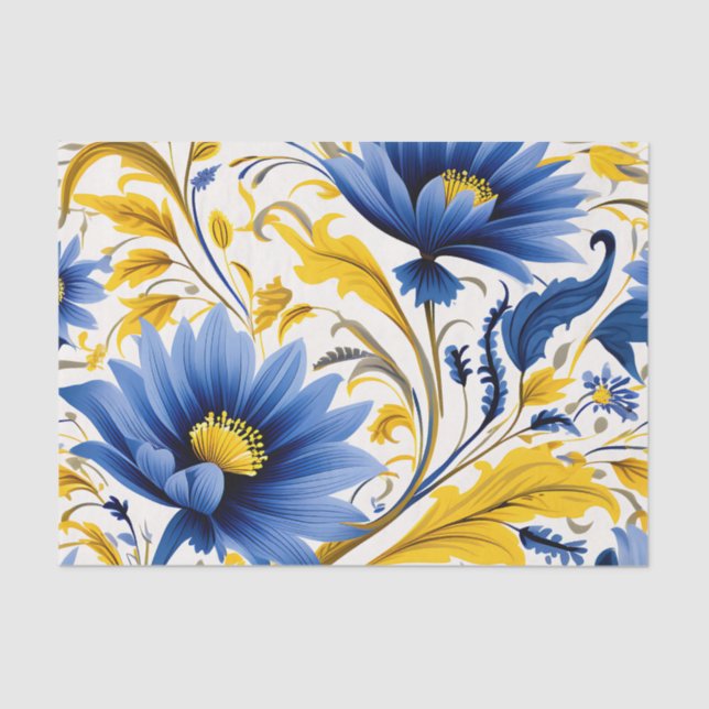 Papier Mousseline Modèle floral moderne avec Flux bleu et jaune (Recto)