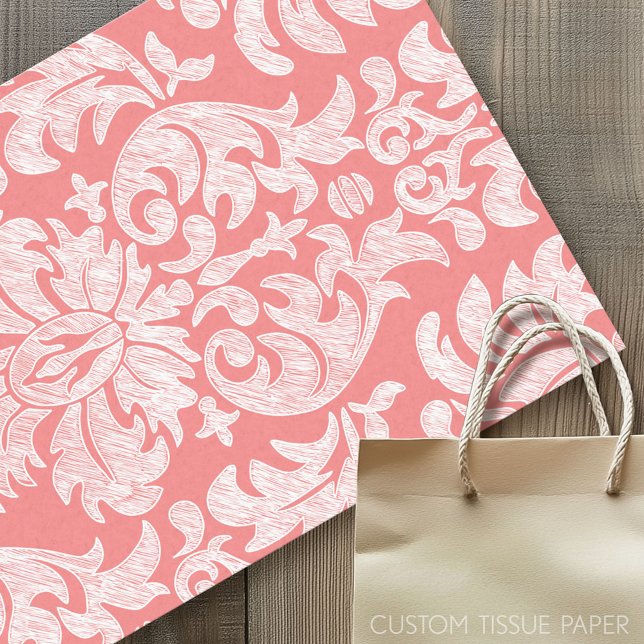 Papier Mousseline Modèle moderne dentelle Damas - Corail et gris (Custom Tissue Paper)
