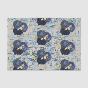 Papier Mousseline Modèle vintage bleu or Floral Damask