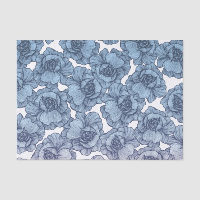 Papier Mousseline Moderne blanc et noir bleu-clair fleurs de schéma (Recto)