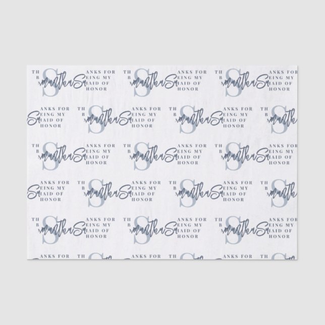 Papier Mousseline Monogramme Dusty Blue Motif Maid of Honor Merci (Recto)