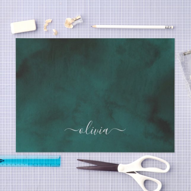 Papier Mousseline Monogramme Emerald Green Watercolor (Artisanat)