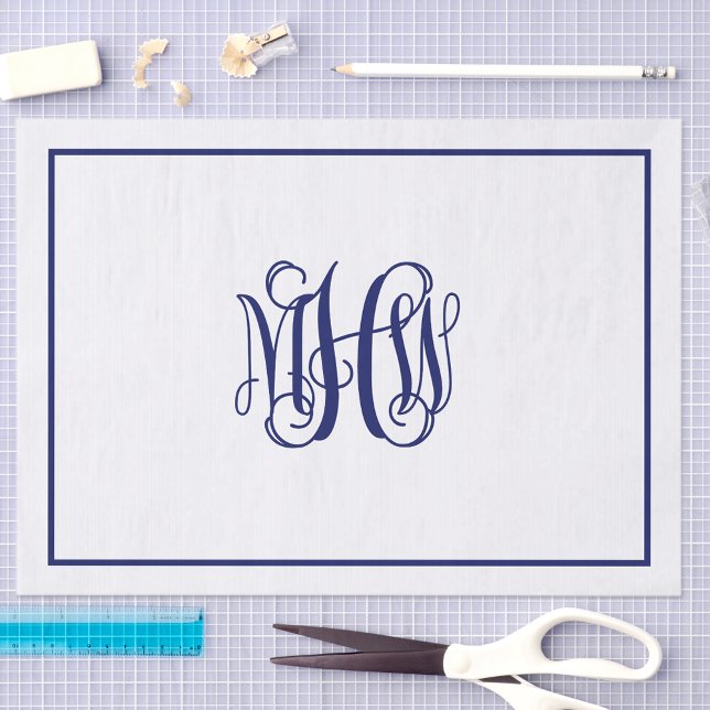 Papier Mousseline Monogramme initial à 3 vignes de Navy en script DI (Créateur téléchargé)