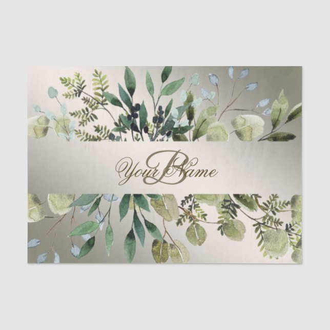 Papier Mousseline Monogramme Nom Feuilles verts Golden Bronze Élégan (Recto)