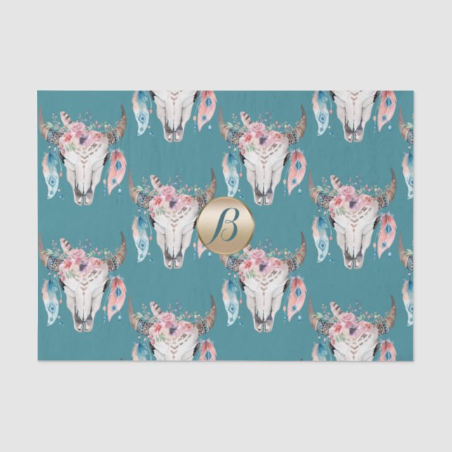 Papier Mousseline Monogramme Rustique Floral Boho Crâne Personnalisé (Recto)