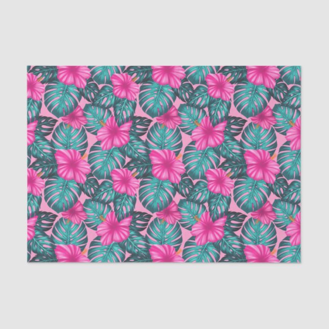 Papier Mousseline Monstera feuilles et Hibiscus Turquoise et rose su (Recto)