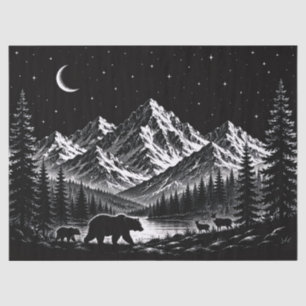 Papier Mousseline Montagne Mystique Nuit de Style Linogravure Sauvag
