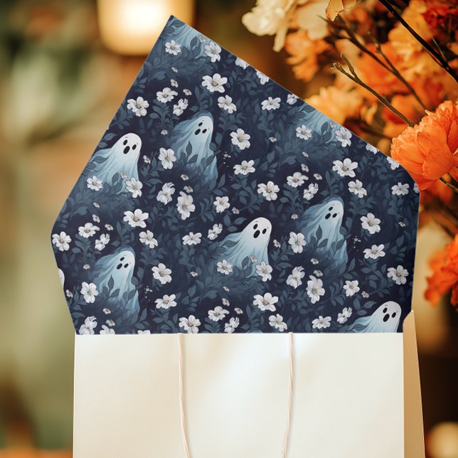 Papier Mousseline Moody Ghost Halloween (Dark floral tissue paper with white ghost illustrations styled in a gift bag — ideal for Halloween)