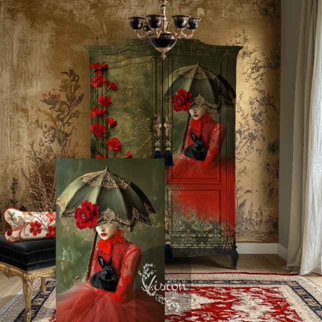 Papier Mousseline Moody Romantic Parasol Portrait & Black Rabbit (Moody Romantic French Gothic Parasol Portrait and black rabbit decoupage Tissue Paper.)