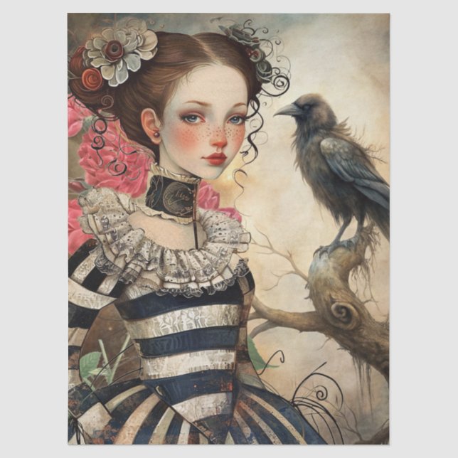 Papier Mousseline Moonlit Victorian Gothic Girl & Raven Fantasy  (Recto)