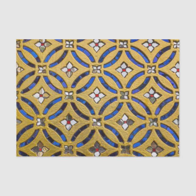 Papier Mousseline Mosaïque Art déco Carrelage or et bleu (Recto)