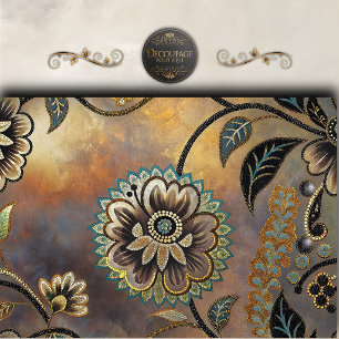 Papier Mousseline Mosaïque Florale Dorée Turquoise Découpage