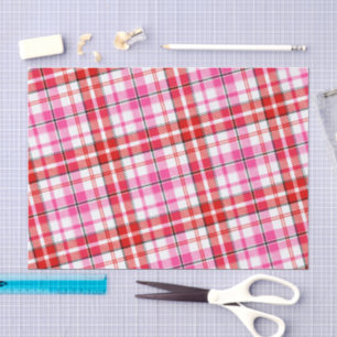Papier Mousseline Motif à carreaux Tartan Blanc Rouge Rose