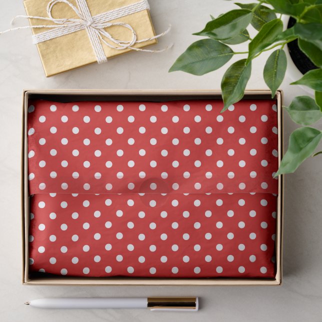 Papier Mousseline Motif À petits pois blanc simple et chic sur rouge (Cadeau)