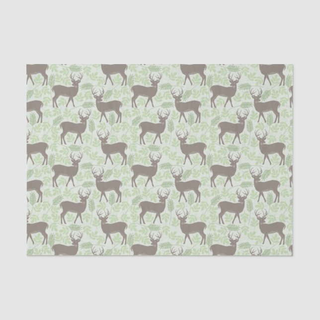 Papier Mousseline Motif animal de cerfs communs gris floraux verts (Recto)