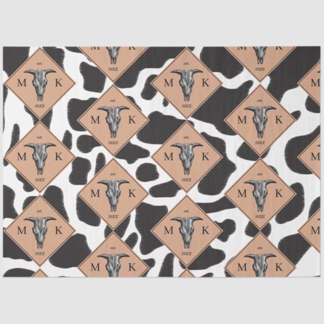 Papier Mousseline Motif animal noir et blanc Vache tache Monogramme (Recto)