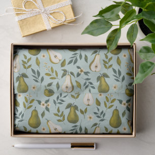 Papier Mousseline Motif aquarelle de poire verte sur bleu poussiéreu