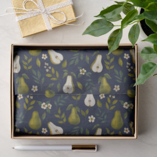 Papier Mousseline Motif aquarelle de poire verte sur fond bleu foncé