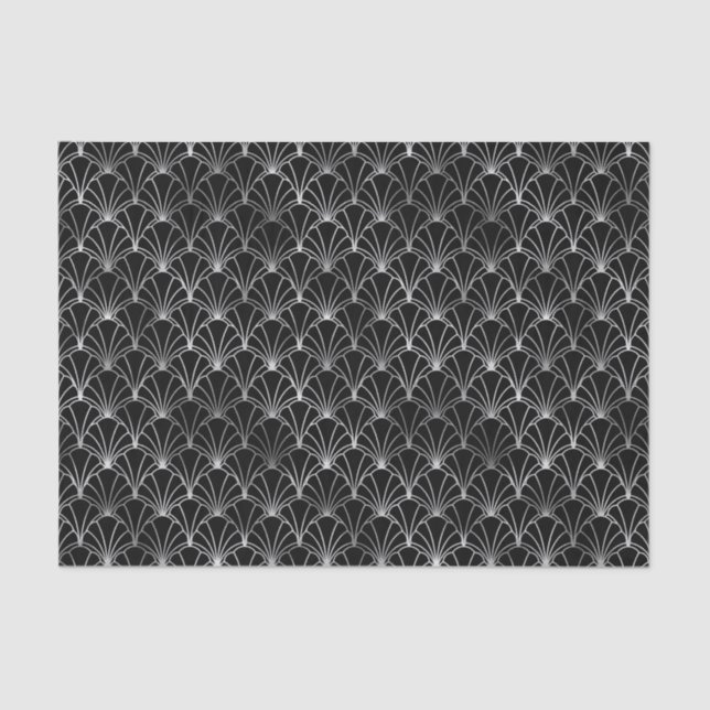 Papier Mousseline Motif Art déco argenté et noir (Recto)