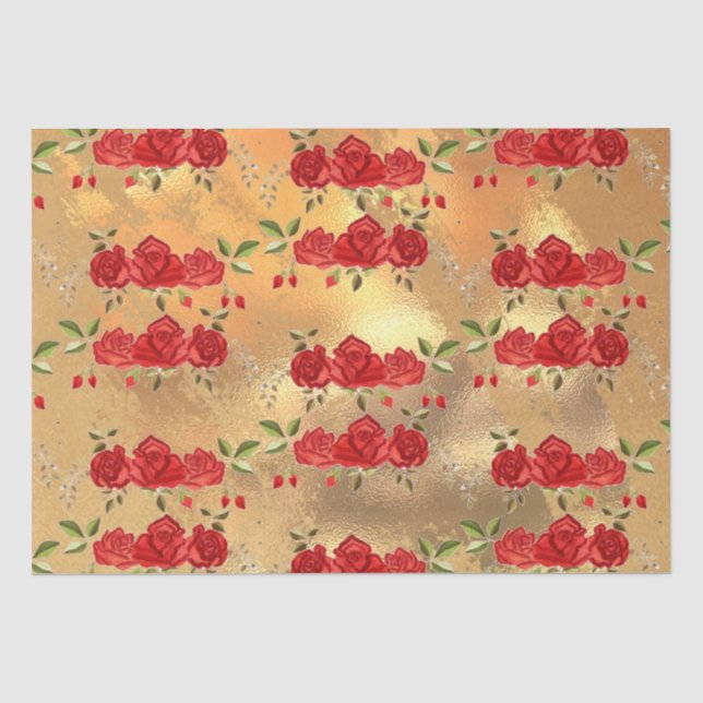 Papier Mousseline Motif Artistique de Fleurs Rouges en Faux Or Éléga (Recto)