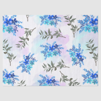 Papier Mousseline motif avec bouquet bleu de fleurs et feuille