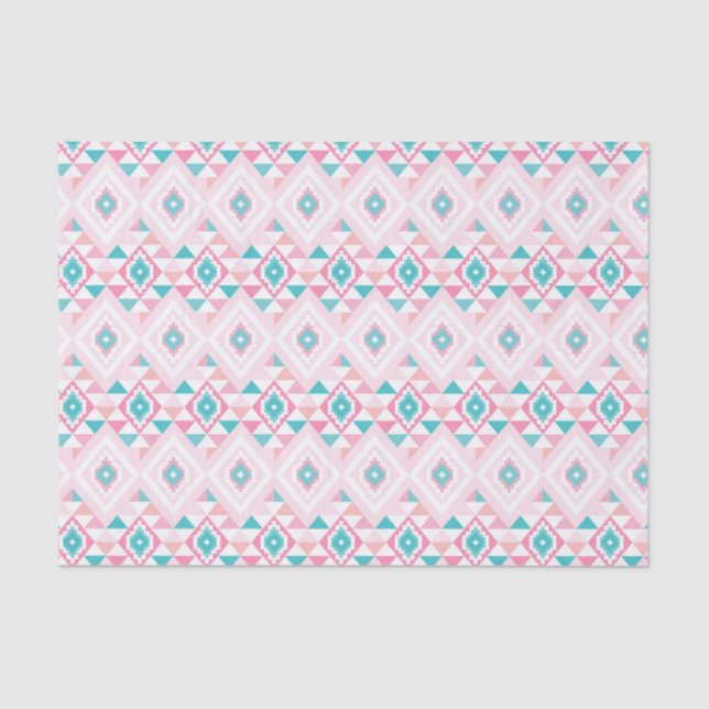 Papier Mousseline Motif aztèque géométrique rose et turquoise (Recto)