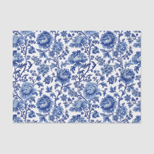 Papier Mousseline Motif Blue Toile Floral Peonies (Recto)