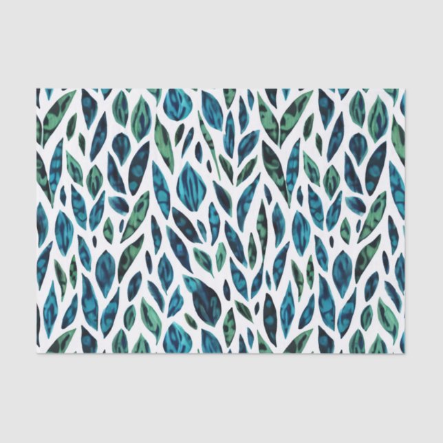Papier Mousseline Motif botanique bleu et vert feuille (Recto)