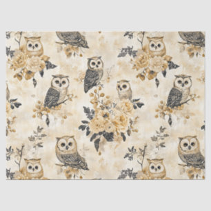Papier Mousseline Motif botanique de hibou beige vintage de la forêt