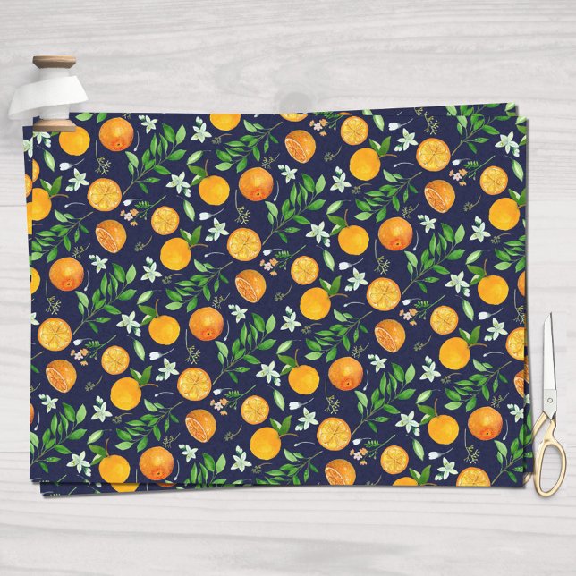 Papier Mousseline Motif botanique floral d'été aux agrumes orange (In situ)