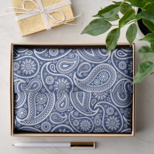 Papier Mousseline Motif cachemire vintage blanc sur bleu