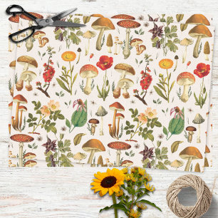 Papier Mousseline Motif Champignon et Fleur Sauvage Vintage