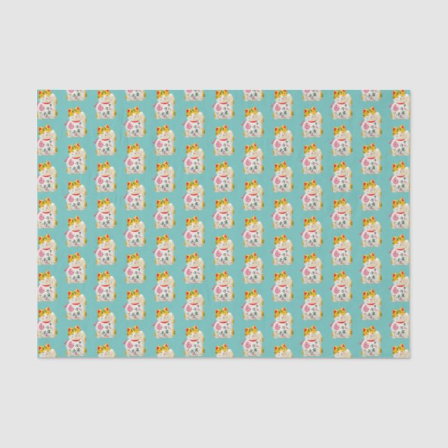 Papier Mousseline Motif chanceux japonais Teal de chat (Recto)