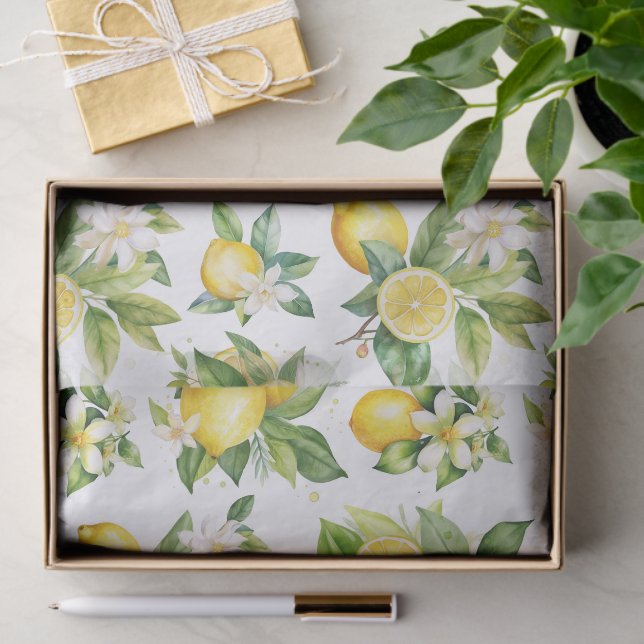 Papier Mousseline Motif citron, Fleurs de citron, Feuilles, Citrus (Cadeau)