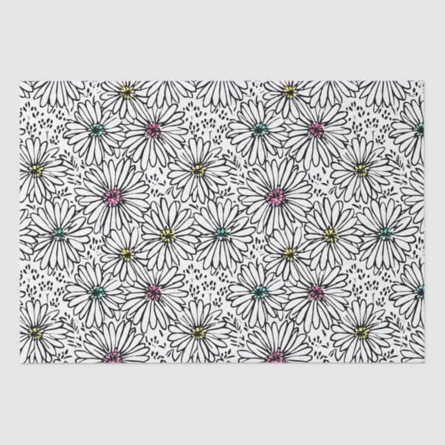 Papier Mousseline Motif coloré noir + blanc marguerites (Recto)