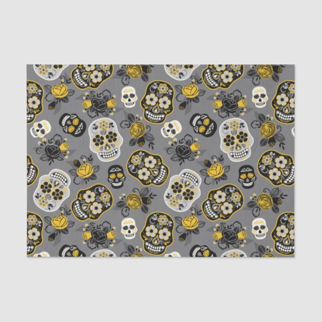Papier Mousseline Motif crâne jaune noir et blanc (Recto)