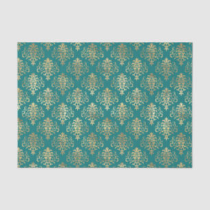 Papier Mousseline Motif damassé feuille dorée et sarcelle