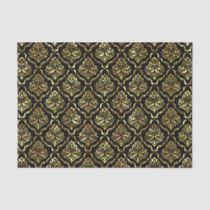 Papier Mousseline Motif damassé floral noir et or