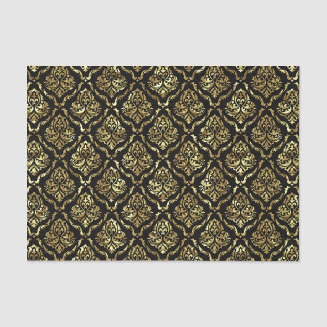 Papier Mousseline Motif damassé floral noir et or (Recto)